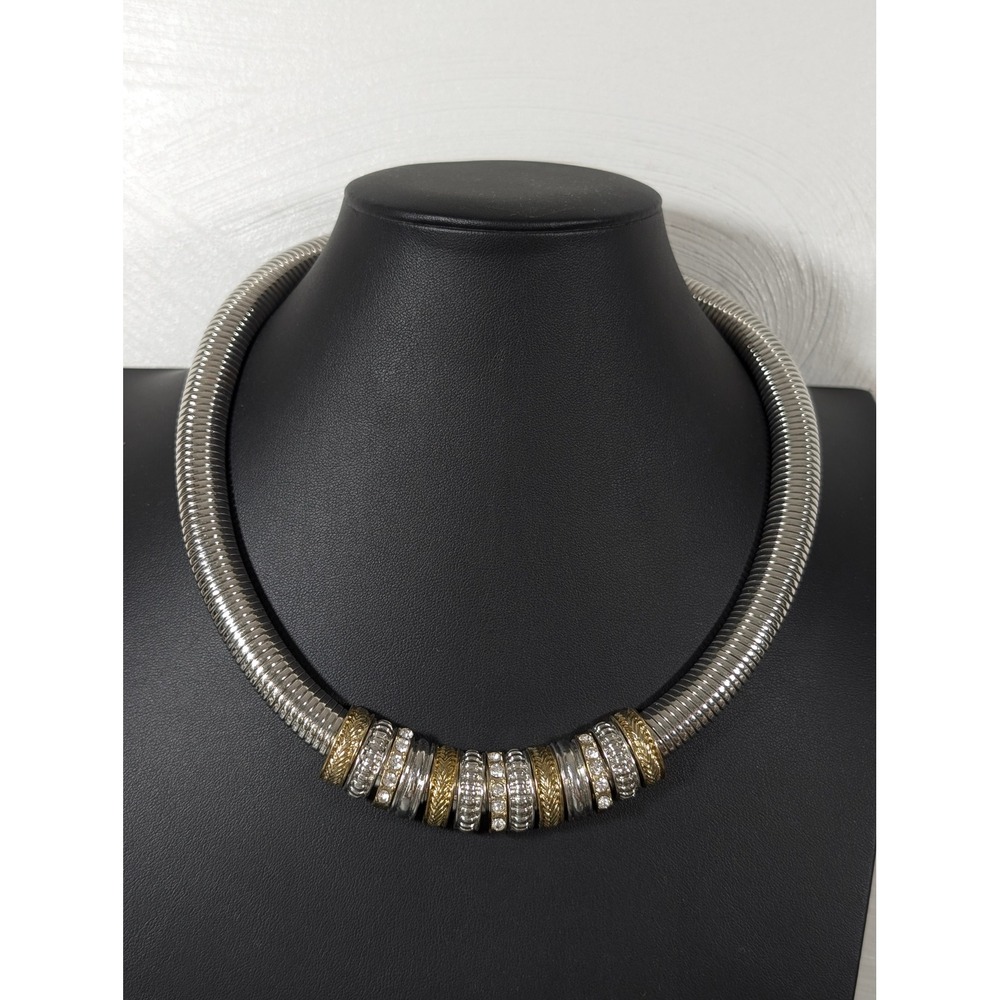 Two Tone Omega Collar Necklace Rhinestone Slide Beads Magnetic Clasp 20 Inch
